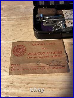 Antique Willcox & Gibbs Sewing Machine Attachments Box. Needles, Hemmer, & More