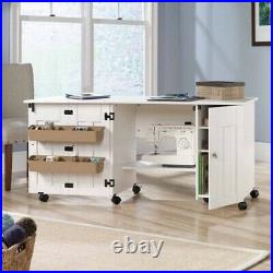 Sewing Machine Table Cabinet Craft Storage Desk Rolling Drop Leaf Bins White