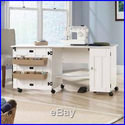 Sewing Machine Table Cabinet Desk Craft Storage Bins Dresser Drop Leaf White