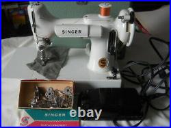 Singer Featherweight 221K Sewing Machine. White, Case Pedal & Attachments Clean