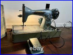 Vintage Japan Made Sewing Machine Aqua w Pedal Case And Light, Works