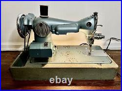 Vintage Japan Made Sewing Machine Aqua w Pedal Case And Light, Works
